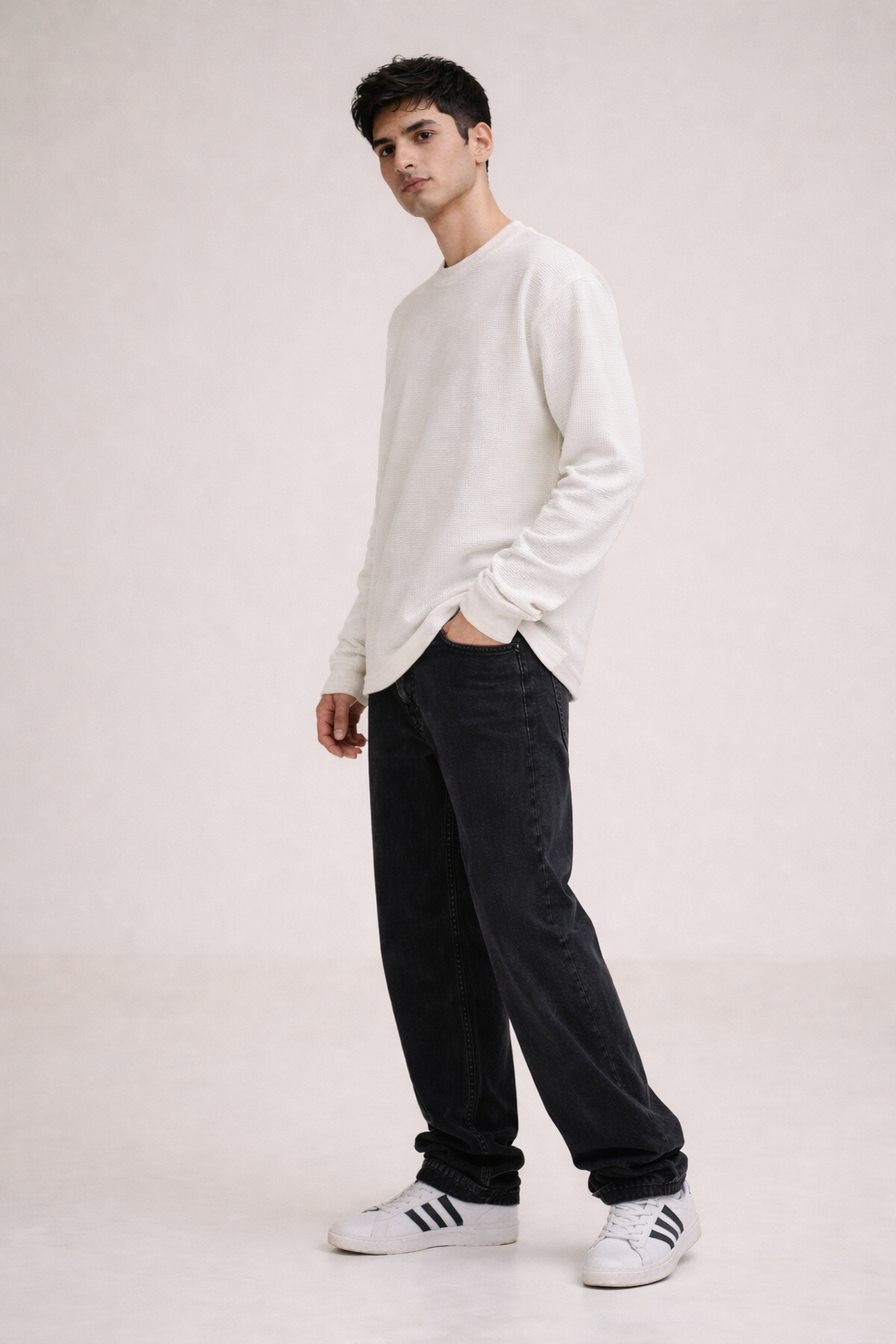 Ivory Grid Oversized Waffle Longsleeve