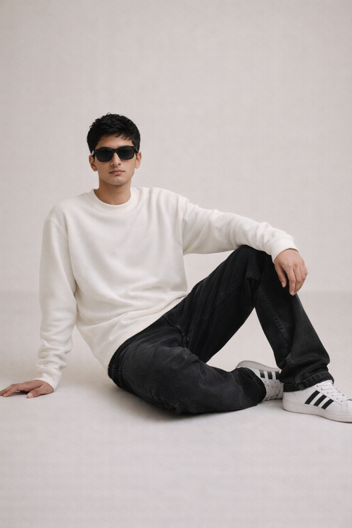 Ivory Grid Oversized Waffle Longsleeve